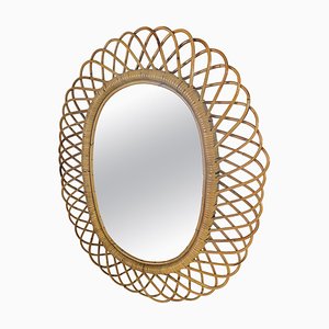 Mid-Century French Riviera Rattan and Bamboo Oval Wall Mirror attributed to Franco Albini, Italy, 1960s