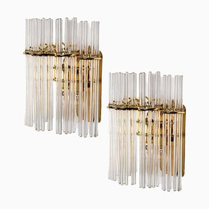 Glass and Brass Wall Sconces in the style of Sciolari, 1960s, Set of 2