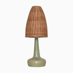 Stoneware Table Lamp with Wicker Shade attributed to Esben Klint for Le Klint, Denmark, 1960s