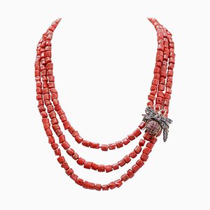 Rose Gold and Silver Multi-Strand Necklace with Diamonds and Coral