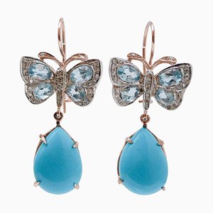 Rose Gold and Silver Dangle Earrings with Turquoise and Topazs