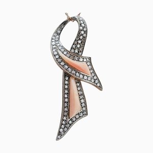 14 Karat Rose Gold and Silver Pendant Necklace with Coral and Diamonds