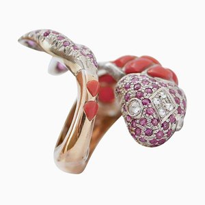 Rose Gold and Silver Fish Shape Ring with Rubies and Diamonds