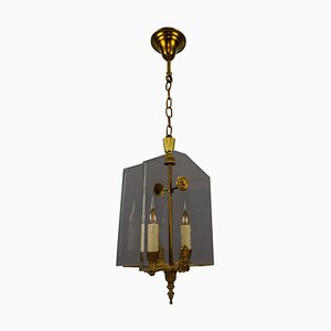 Lámpara colgante estilo Imperio francés de vidrio y bronce, años 50