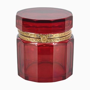 Joyero de cristal de Murano facetado en rojo rubí y plata, Italia, años 20