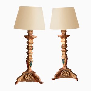 French Painted Carved Wood Lamps, Early 20th Century, Set of 2