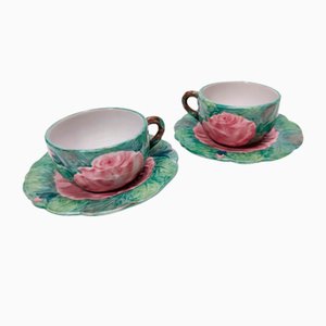 Tazas y platillos de té o café vintage de loza con motivos florales de Zaccagnini, años 40. Juego de 4