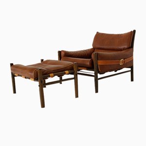 Leather Kontiki Armchair & Stool with Table from Arne Norell AB, 1970s, Set of 3