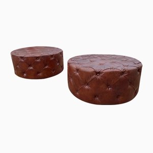 Large Round Chesterfield Ottomans in Tufted Leather, Set of 2