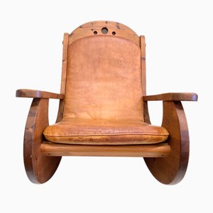 Brutalistic Rustic Rocking Armchair in Pine & Leather, 1984