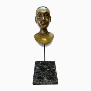 Vintage Painted Wooden Bust on a Stand in the Style of Grödnertal, 1960s