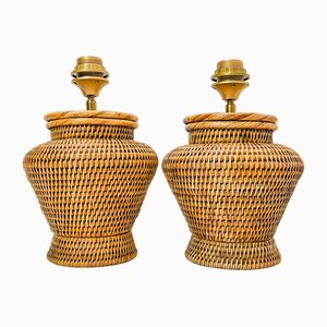 Round Rattan Table Lamps in Coastal Style, 1980s, Set of 2