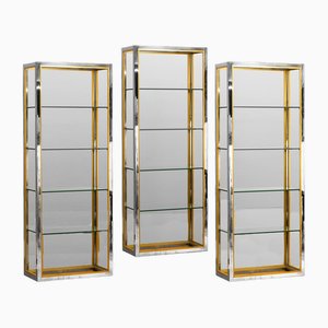Brass and Chromed Metal Bookcase with Glass Shelves, Italy, 1980s