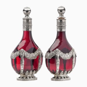 19th Century German Silver & Red Glass Decanters, 1880, Set of 2