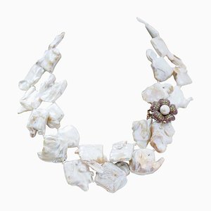 Collar retro barroco de perlas, rubíes, piedras, oro rosa y plata