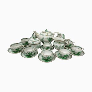 Indian Basket Green Pattern Porcelain Tea Service for 12 from Herend, Hungary, 1930s, Set of 27