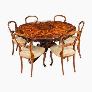Burr Walnut Marquetry Dining Table and Chairs, 1860s, Set of 7