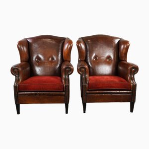 Sheep Leather Armchairs with Red Corduroy Seat Cushions, Set of 2