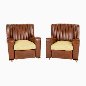 Art Deco Club Chairs with Leather Seats, 1920s, Set of 2