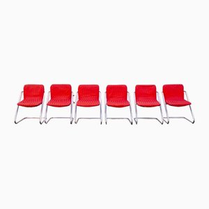 Esszimmerstühle aus verchromtem Metall & rotem Stoff, 1970er, 6 . Set