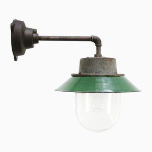 Industrielle Vintage Wandlampe aus Klarglas & Grüner Emaille