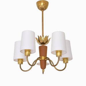 Five Arm Chandelier in Brass and Oak attributed to Hans Bergström for Asea, Sweden, 1950s