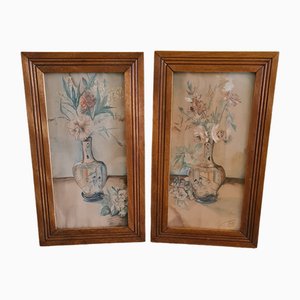 Maurice Muller, Chinese Vases with Flowers, 1921, Watercolors on Paper, Framed, Set of 2