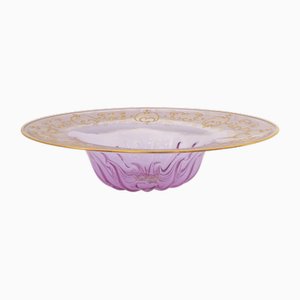 Murano Glass Plate in Puffed Purple Transparent and Gold Color, Hand-Painted Floral Decorations Made in Italy Diameter 42cm