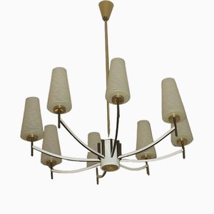 Lampadario in ottone e vetro artistico, Italia, anni '70