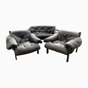 Mid-Century Brown Tufted Leather Armchairs & Ottoman in the style of Percival Lafer, 1960s, Set of 3