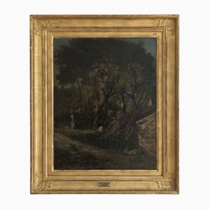 Karl Girardet, Paesaggio forestale con bambino e galline, Olio su tavola, Incorniciato