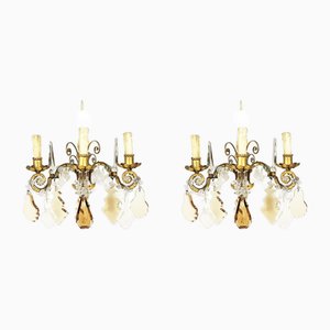 Italian Gold Leaf Metal and Faceted Crystal Sconces with Stars and Obelisks Decor, 1930s, Set of 2