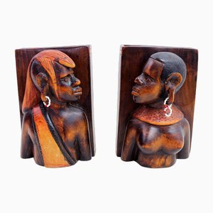 African Carved Wooden Bookends, 1970s-1980s, Set of 2
