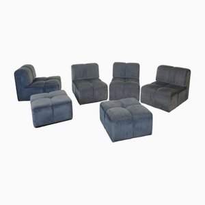 Modular Sofa with Poufs in Smooth Velvet, Italy, 1970s, Set of 6