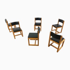 Oak and Leather Dining Chairs, 1970s, Set of 6
