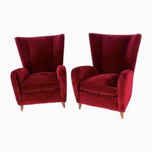 Mid-Century Red Velvet Armchairs in the style of Gio Ponti, Italy, 1950s, Set of 2