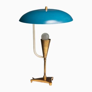 Italienische Tischlampe aus Messing mit blau lackiertem Schirm, 1950er