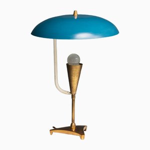 Lampada da tavolo in ottone con paralume laccato blu, Italia, anni '50