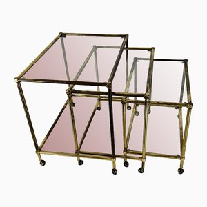Mid-Century Nesting Set of Three Bar Carts in Brass and Glass, Italy, 1950s, Set of 3