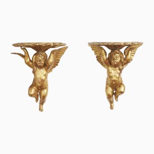 Gilt Wood Wall Consolse with Putti, 1800s, Set of 2