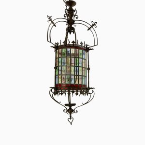 Lampada da soffitto Art Nouveau in vetro colorato e bronzo, Francia, fine XIX secolo