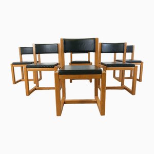 Set di 6 sedie da pranzo in quercia e pelle, anni '70, set di 6