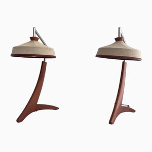 Lámparas de mesa italianas vintage de madera y hilo tejido, años 60