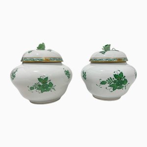 Frascos Apponyi de porcelana verde con jengibre de Herend Hungary, años 30-60. Juego de 2