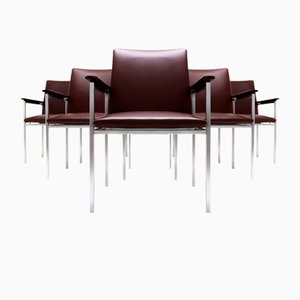 H-Line Danish Armchairs in Brushed Steel, Walnut and Leather for France & Son attributed to Sigvard Bernadotte, 1960s, Set of 6