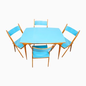 Table de Salle à Manger Mid-Century en Bois avec Chaises Bleues, Set de 5