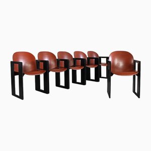 Dialogo Chairs in Leather and Wood by Tobia & Afra Scarpa for B&b Italia / C&b Italia, 1970s, Set of 6