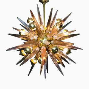 Sputnik Chandelier with Pink, Smoke and Clear Crystal Murano Glass Spikes, 1980s