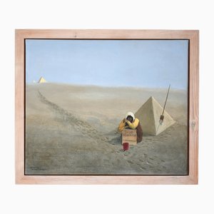 William Isaacs, Paisaje egipcio surrealista con figura, óleo sobre lienzo, años 90