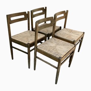 Sedie da pranzo rustiche in legno con sedile in paglia, anni '70, set di 4